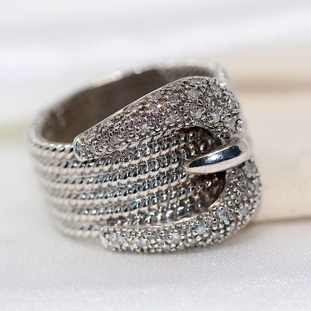 Signed EA Sterling Silver - Diamond Accent Cable Belt Buckle Ring - size 6.25